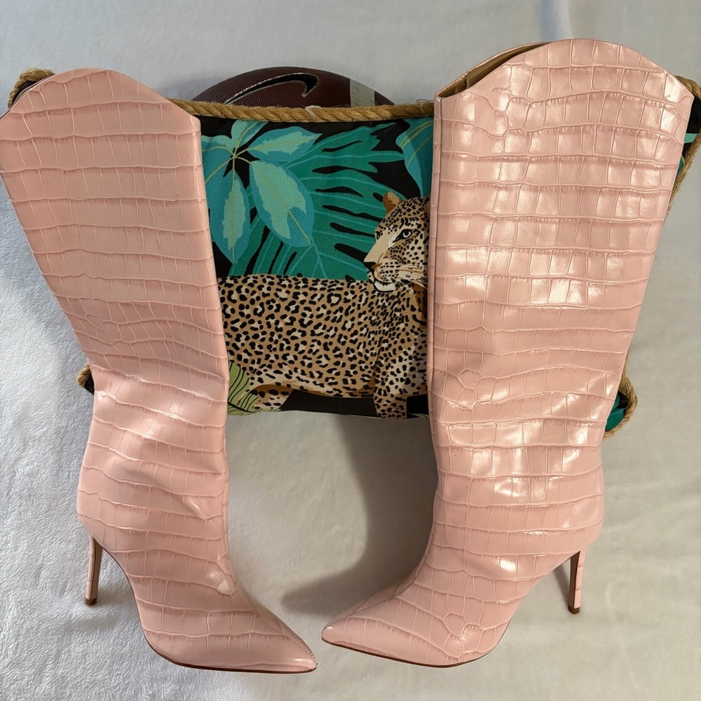 SCHUTZ Pink Croc-Embossed Heeled Boots